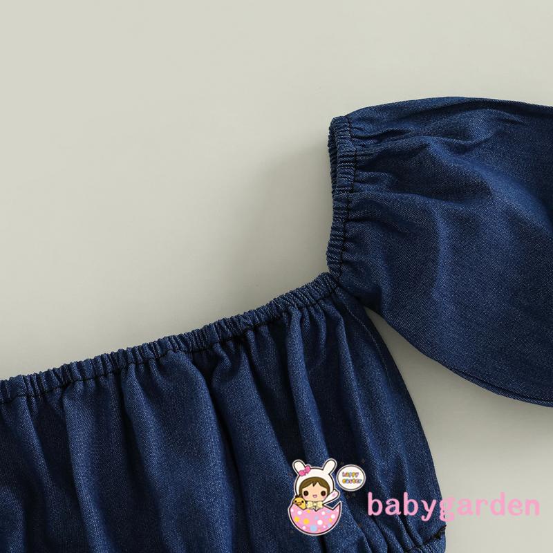 Bộ Áo Croptop Trễ Vai Tay Phồng Dài + Chân váy jean Ngắn Thời Trang Mùa Hè Cho Bé Gái 1-6 Tuổi
