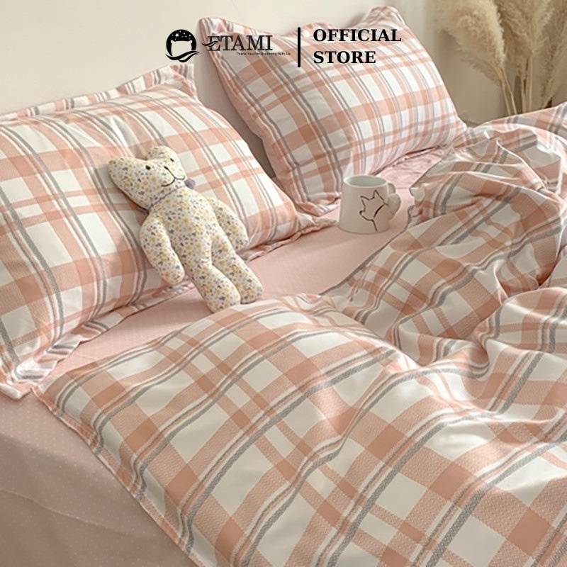 Bộ chăn ga gối  cao cấp ETAMI cotton poly kẻ cam cute miễn phí bo chun drap giường ga trải giường P10 | BigBuy360 - bigbuy360.vn