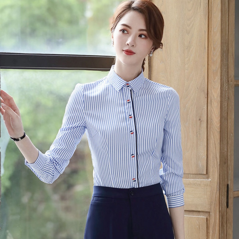 Áo Sơ Mi Công Sở Dáng Rộng Kẻ Sọc Xanh Dương 2022 Thời Trang Công Sở Cho Nữ