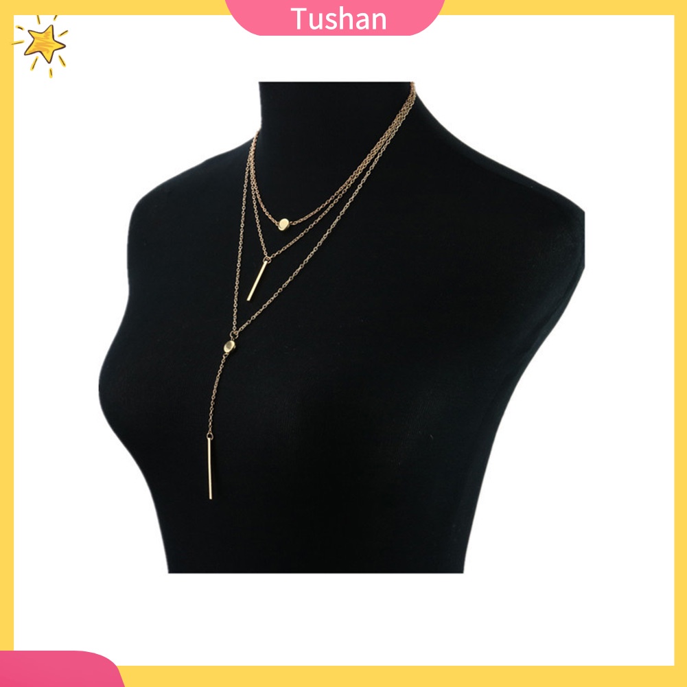 TUSH_Women Multi Layers Necklace Circle Bar Charm Pendant Boho Jewelry Birthday Gift