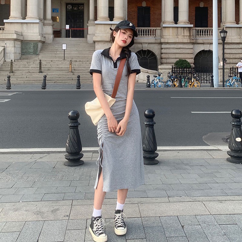 Đầm midi XINLANYASHE dáng chữ A cổ polo xẻ tà thời trang mùa hè 2022 tùy chọn màu sắc váy thiết kế tay bồng