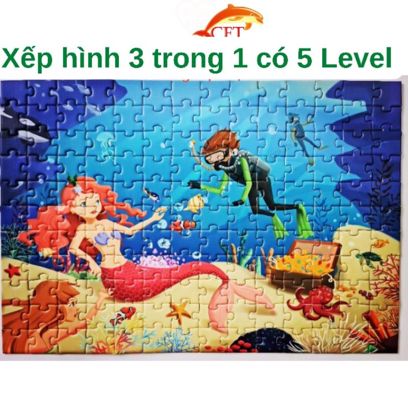Xếp hình cho bé từ 3 tuổi puzzle 5 cấp độ level up loại cao cấp tặng kèm sticker và bảng thành tích