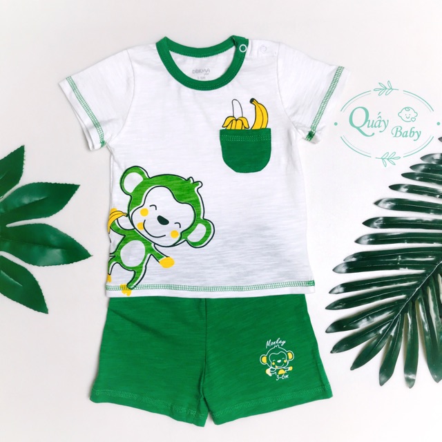 Set bộ ngắn màu xanh lá hình khỉ con cho bé trai