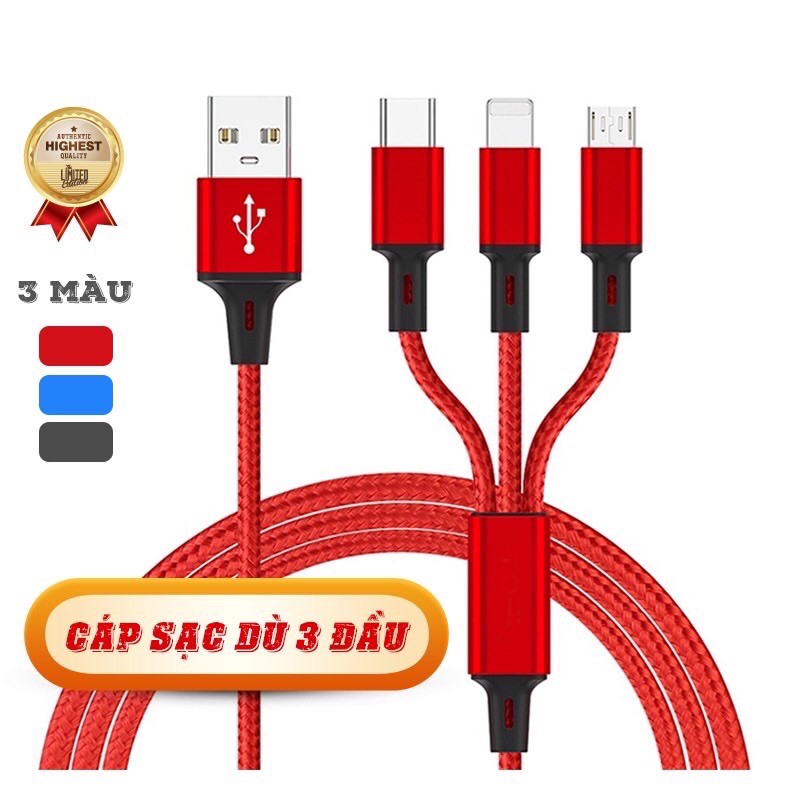 Cáp Sạc Nhanh 3 Đầu Tiện Dụng Sử Dụng Cho Mọi Dòng Máy- Bảo Hành 1 Năm