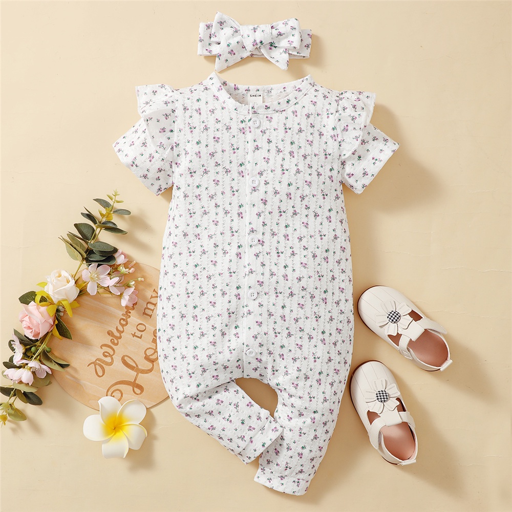 Bộ đồ MIKRDOO gồm áo liền quần in hoa xinh xắn và băng đô dành cho trẻ em 0-18 tháng tuổi