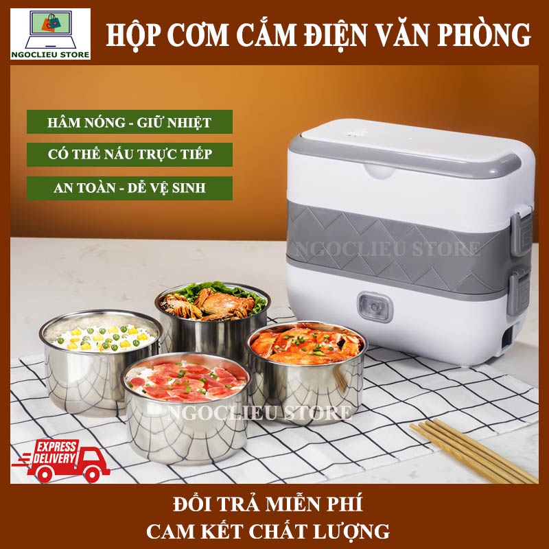 Hộp cơm văn phòng cắm điện đa năng với 4 hộp inox hâm nóng và có thể nấu chín thức ăn