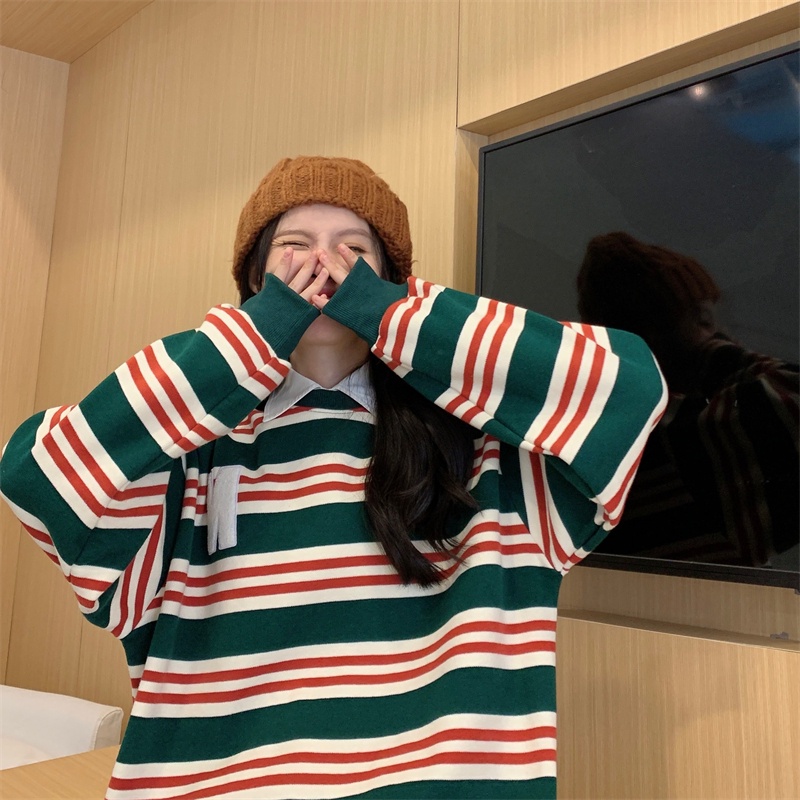 Áo Hoodie Dáng Rộng Cổ Tròn Họa Tiết Kẻ Sọc Màu Sắc Tương Phản Phong Cách Cổ Điển Thời Trang Mùa Thu