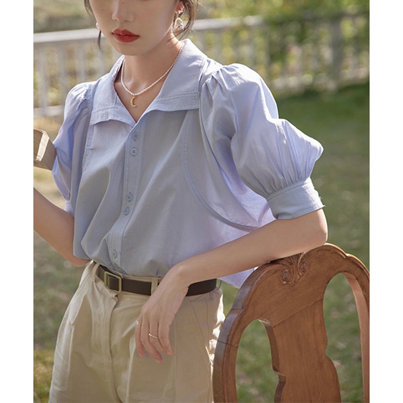 Áo sơ mi chiffon tay phồng dáng rộng phong cách retro thời trang Hong Kong dành cho nữ