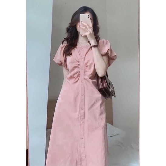 Váy Hồng Rúm Tay Bồng