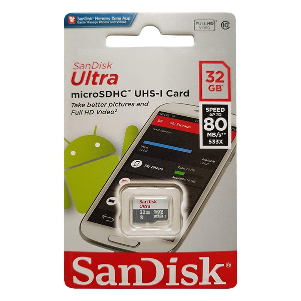 Thẻ Nhớ Micro SDHC SanDisk UHS-1 32GB Class 10 - 80MB/s - Hàng Chính Hãng