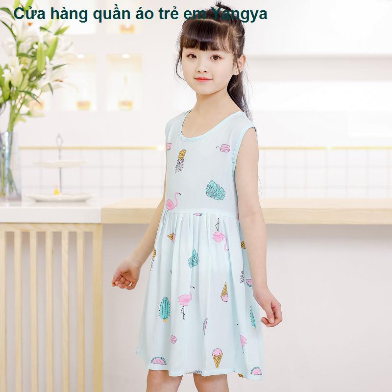 Quần áo trẻ em, mùa hè cho bé gái, váy cotton lụa em cỡ lớn, đi biển