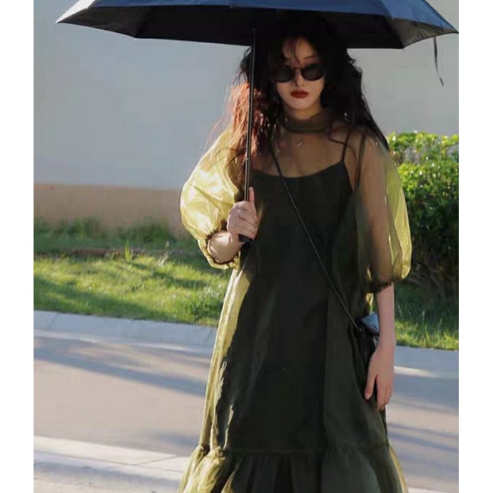 Váy lưới hai mảnh màu xanh đậm cổ tích mùa hè Pháp niche organza tay phồng khí chất váy tình yêu đầu tiên