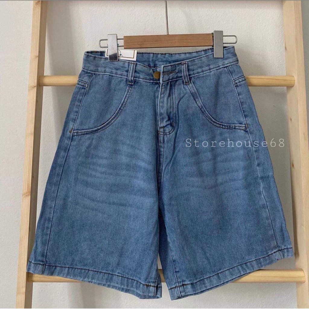 Quần bò nữ, quần bò short ngố trơn ulzzang basic trơn màu xanh dáng suông ống rộng cạp cao