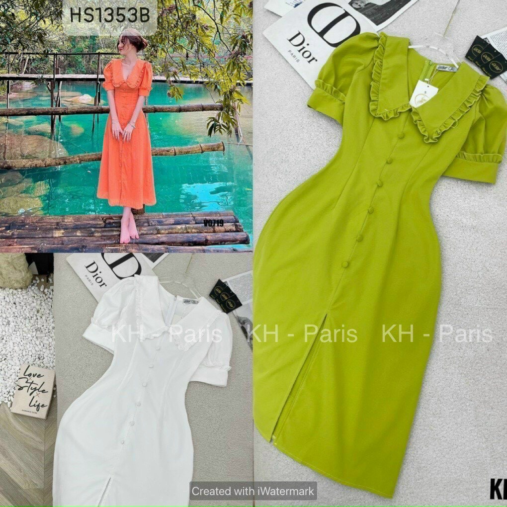 Đầm Xòe Cổ Bèo Nút Bọc Xẻ Tà Phong Cách Thanh Lịch