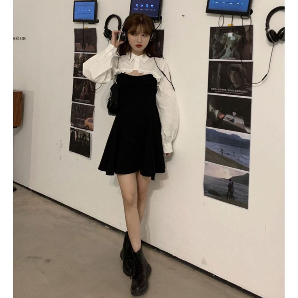 Set Khoác Sơ Mi Lửng + Váy Xoè 2 Dây (Trắng-Đen) | BigBuy360 - bigbuy360.vn