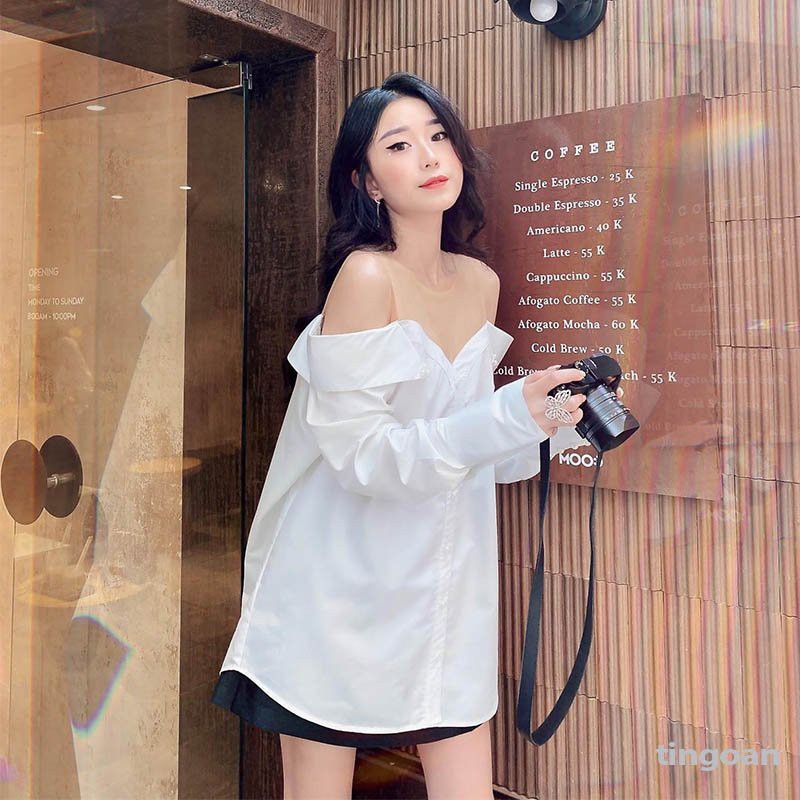 Áo sơmi trễ vai trắng phối lưới đính ngọc chống nhăn tingoan sài gòn PURE LOVE SHIRT/WH