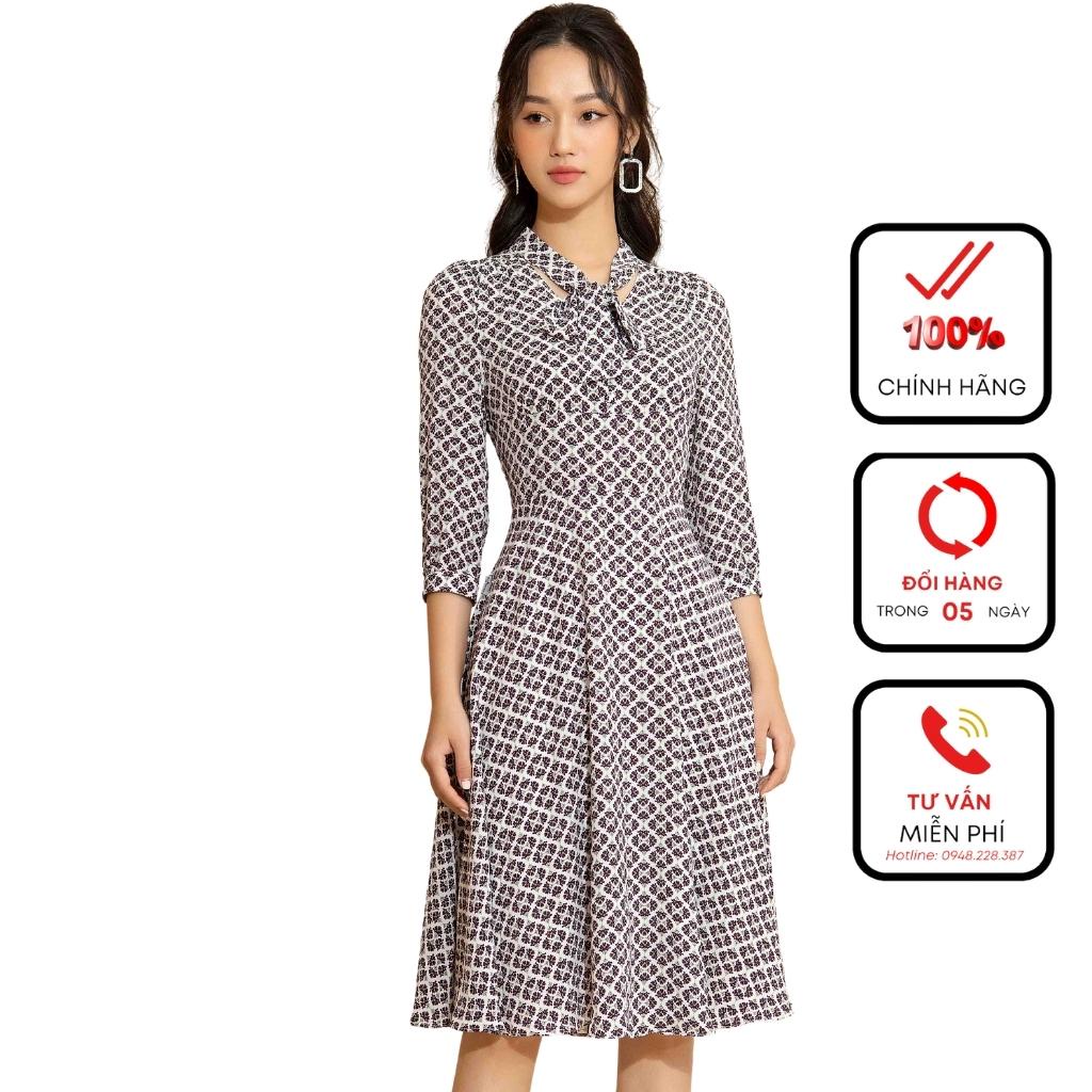 Đầm xòe voan họa tiết cổ thắt nơ, đầm thiết kế Cofason, vải Voan họa tiết nhập ngoại Hàn Quốc, mỏng nhẹ, thoáng mát