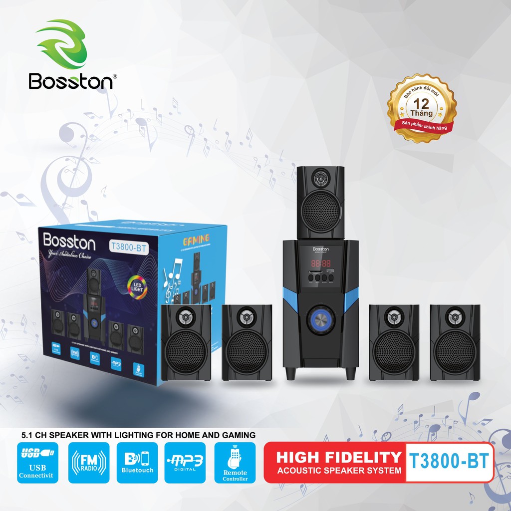 Loa vi tính 5.1 kiêm Bluetooth USB thẻ nhớ Bosston T3800-BT 45W led RGB 7 màu, nguồn 220V (Đen) - Nhất Tín Computer