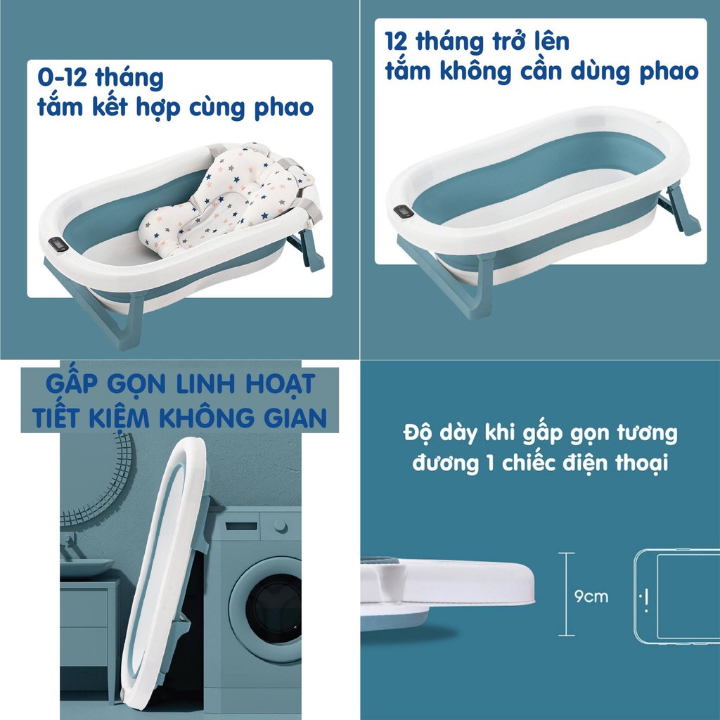 Thau tắm gấp gọn cao cấp tặng kèm phao tắm có nhiệt kế - không nhiệt kế cho bé
