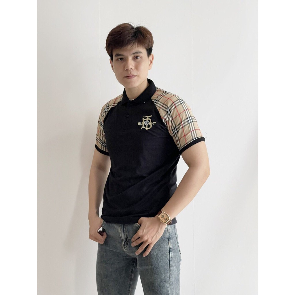 Áo thun cổ trụ  tay ngắn phối ngực họa tiết BURB trước sau phối caro tay áo chất cotton thoáng mát thời trang mùa hè hot
