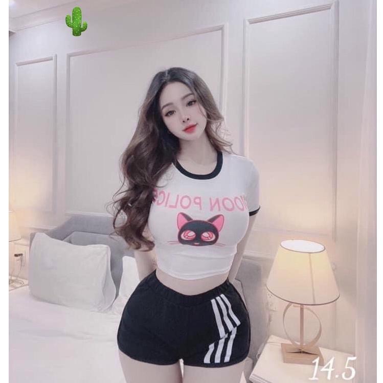Sét bộ áo croptop viền màu in con mèo moon phối quần đùi 3 sọc cực hot , chất thun bozip mềm mịn