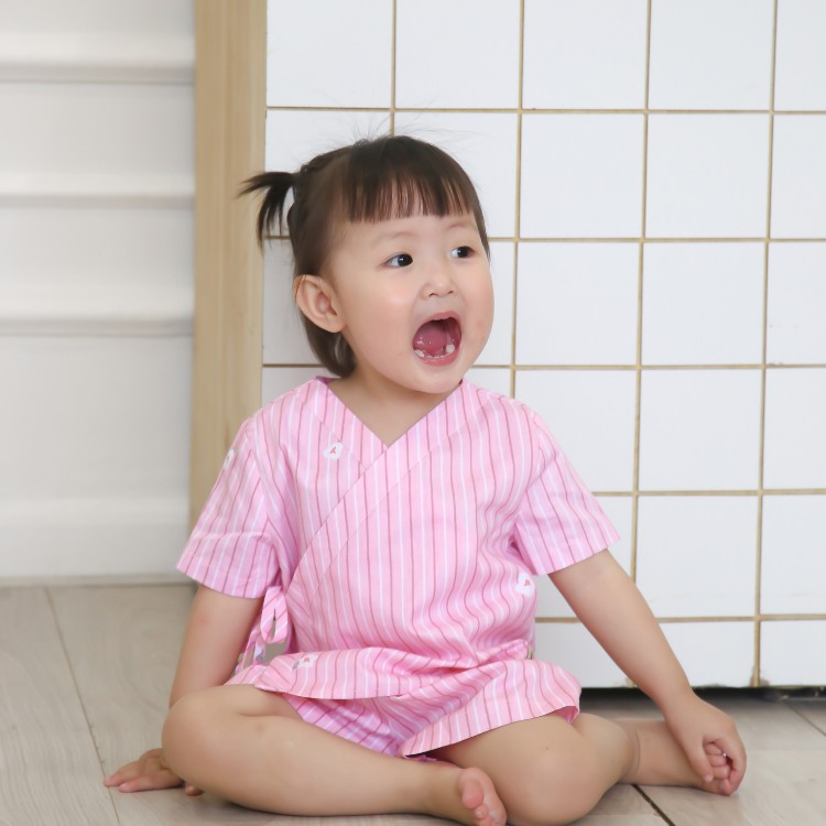 Bộ đồ bé gái CARROT, họa tiết kẻ sọc kiểu dáng pyjama và yukata, chất thô cotton thoáng mát thấm hút mồ hôi tốt