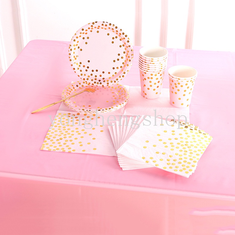 Bộ dụng cụ ăn uống bằng giấy họa tiết chấm bi màu đồng dùng một lần trang trí tiệc sinh nhật/tiệc tùng