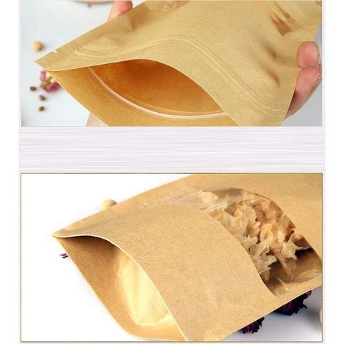15x22 - 50 Túi zipper giấy kraft đáy bầu dục phủ bóng - đựng được nước, cửa sổ đáy đứng, video sản phẩm thật