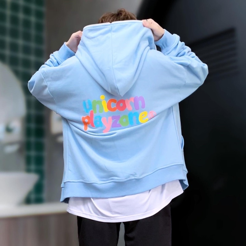 UPZ Áo Khoác Hoodie Dây Kéo In Unicorn Play Zone Chữ Bảy Màu (Xanh Biển)