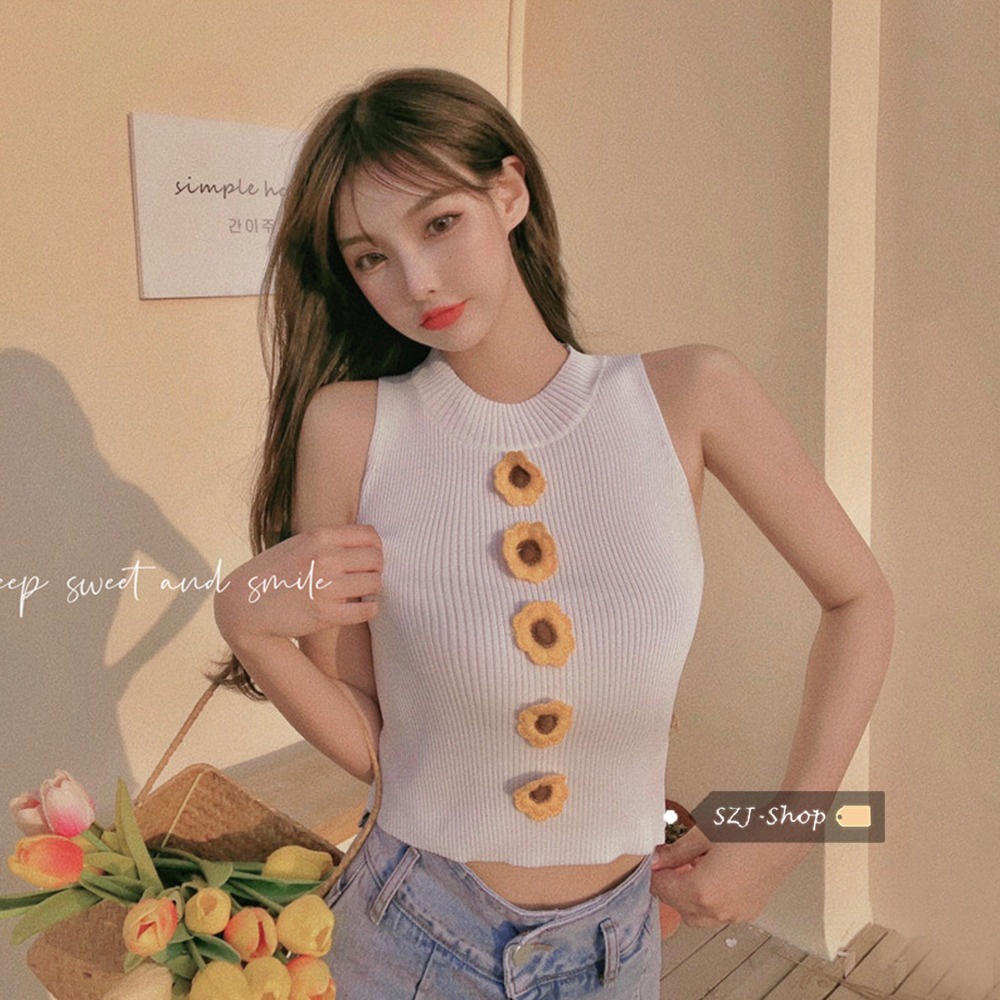 【ZHELIHANGFEI】 / Áo Hai Dây Dệt Kim Họa Tiết Hoa Ba Chiều Gợi Cảm