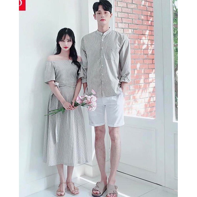 Set đồ đôi áo sơ mi nam đầm nữ trễ vai đáng yêu, couple áo cặpt thời trang Noble TN068 .