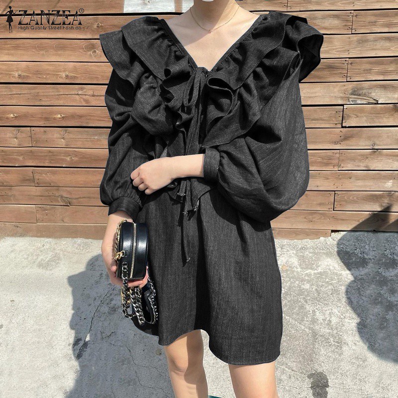Đầm ZANZEA dài tay cổ chữ V diềm gợn sóng phong cách đơn giản hợp thời trang cho nữ