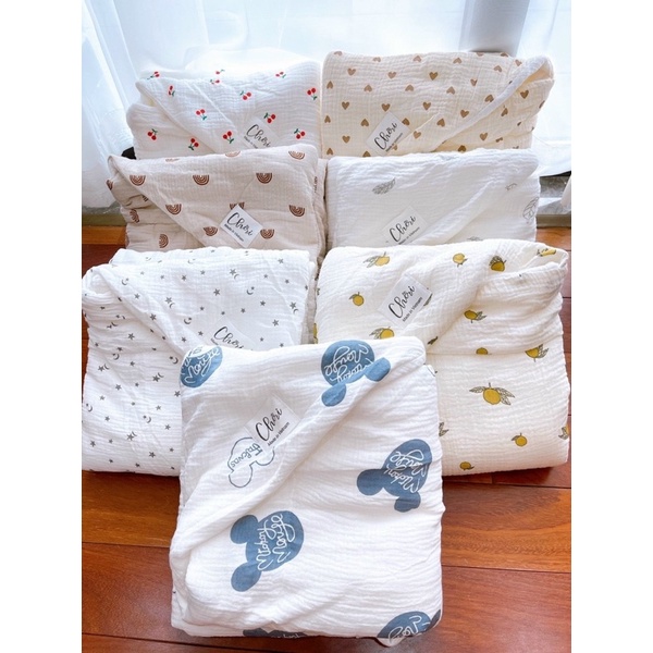 Chăn ủ xô 4 lớp có mũ có đai Muslin hàng cao cấp 90x90cm [ babyboo ]