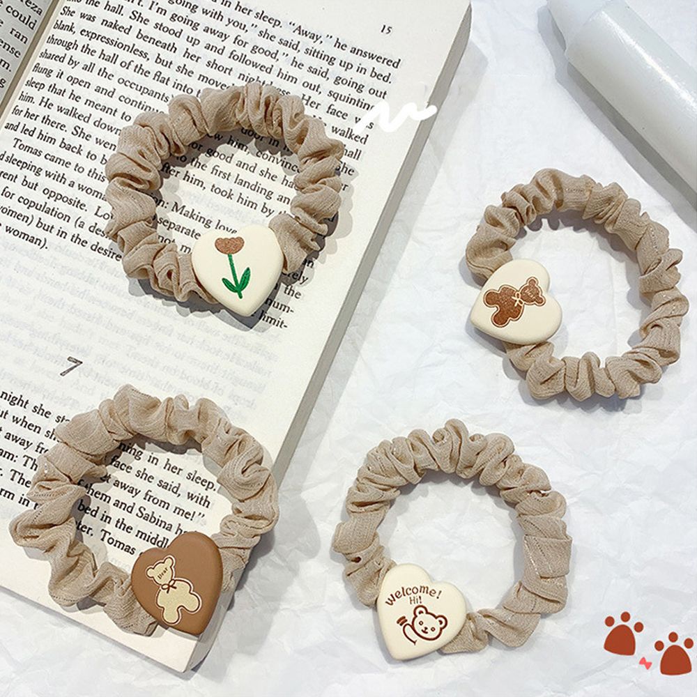 Dây buộc tóc cao su hình trái tim họa tiết hoa / gấu phong cách Hàn Quốc đáng yêu cho nữ