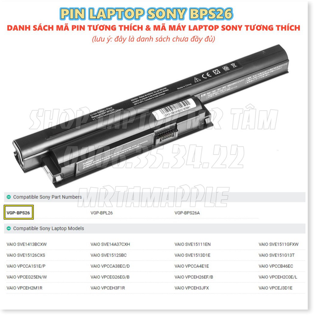 [Loại Tốt] Pin Laptop SONY BPS26 - 6 CELL - Vaio SVE14, SVE15, SVE17, VPCCA, VPCCB, VPCEG,  VPCEH, VPCEJ, VPCEK, VPCEL