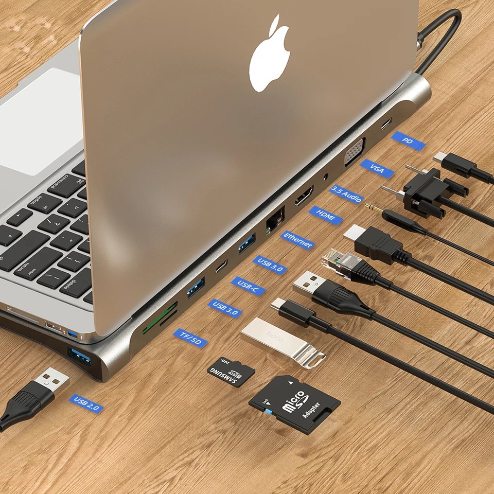 Hub USB C ra 11 cổng dùng cho Macbook Pro, Macbook Air kiêm đế tản nhiệt nhôm cao cấp