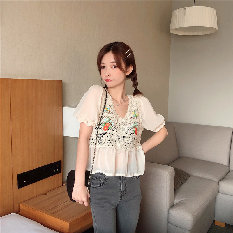 SUXI Áo Kiểu Chất Chiffon Tay Ngắn Hoạ Tiết Hoa Thời Trang Mùa Hè