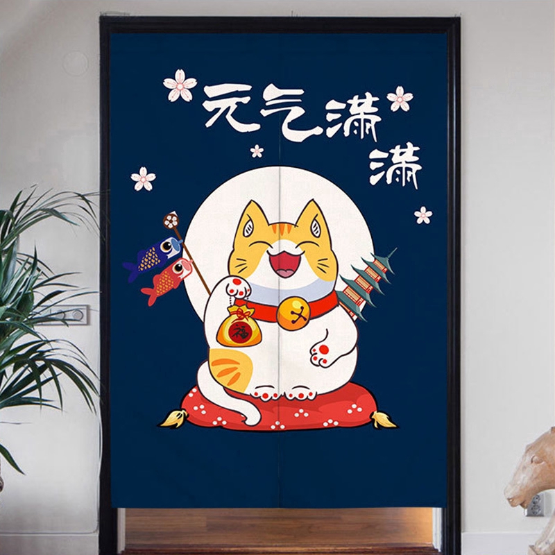 Rèm cửa in họa tiết mèo may mắn phong cách Nhật Bản xinh xắn