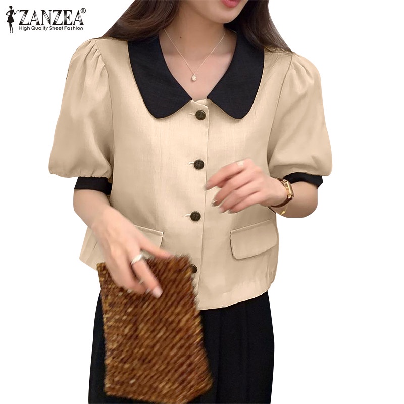 Áo sơ mi ZANZEA tay ngắn phồng cổ bẻ thời trang Hàn Quốc dành cho nữ