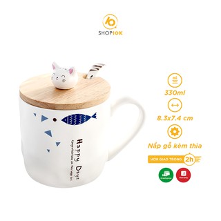 Cốc gốm sứ pha trà, ly sứ cà phê có nắp kèm thìa loại 330ml - SP004011
