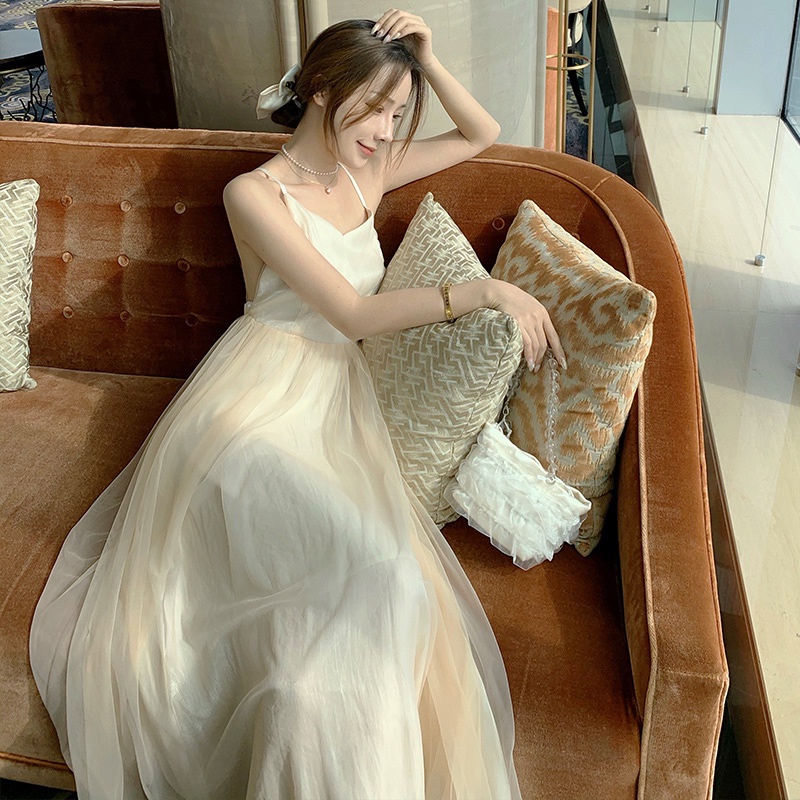 IELGY Đầm Dài Không Tay Cổ Chữ V Màu Trơn Thời Trang Dành Cho Nữ