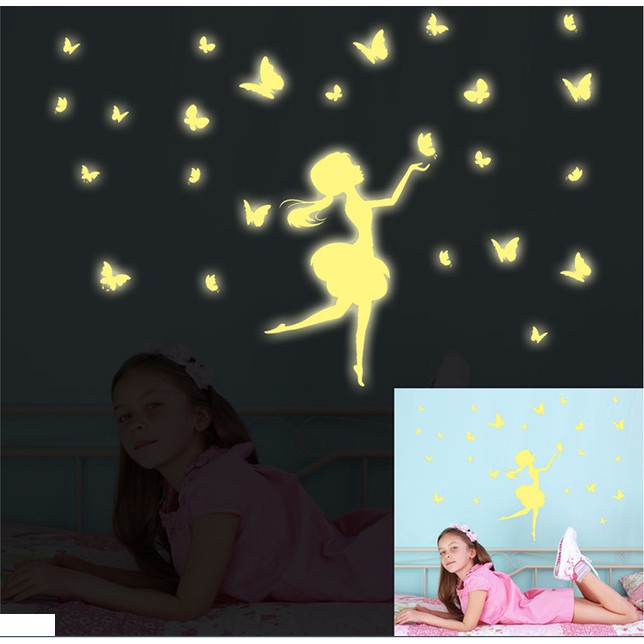 Decal trang trí tường Cô Gái khiêu Vũ cùng Bướm - Dạ Quang