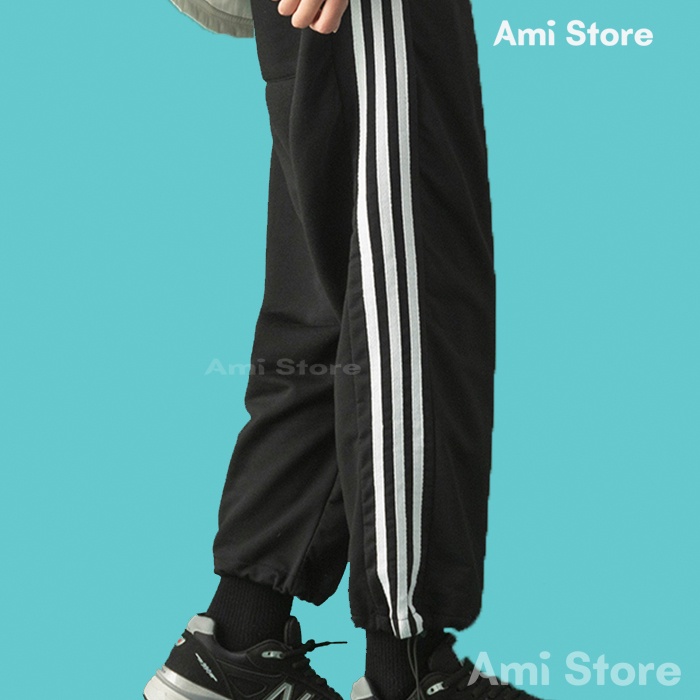 Quần jogger BÓ CHUN unisex Ami Store thể thao  3 sọc nam nữ nỉ thu đông basic pants ulzzang phong cách Hàn quốc