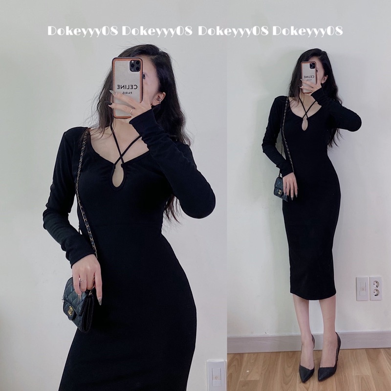 Váy body dài tay dáng dài chất co giãn