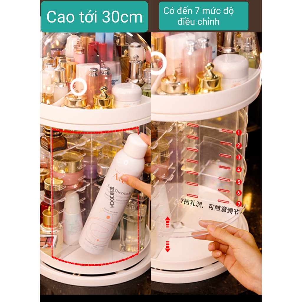 (CÓ SẴN)Hộp đựng mỹ phẩm xoay 360 độ có nắp đậy đựng được chai cao 30cm