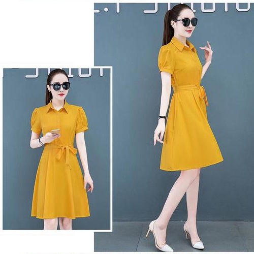 Váy sơ mi xanh than cộc tay thắt eo