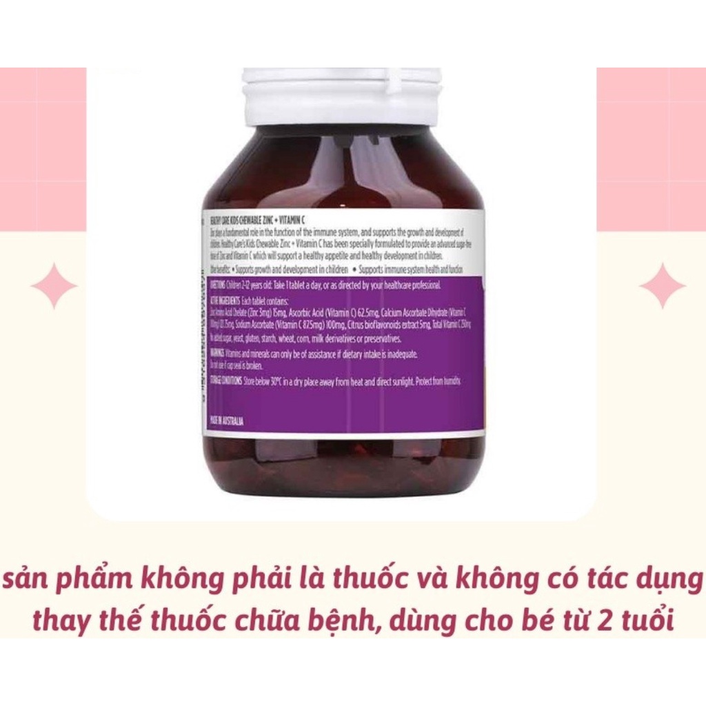 Viên nhai bổ sung kẽm Healthy Care Zinc Vitamin C tăng đề kháng cho bé 60 viên Beautimax