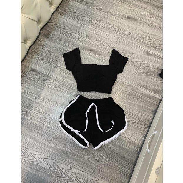 Set áo croptop cổ U tay con quần thể thao nữ - freesize dưới 51kg- Carotshop