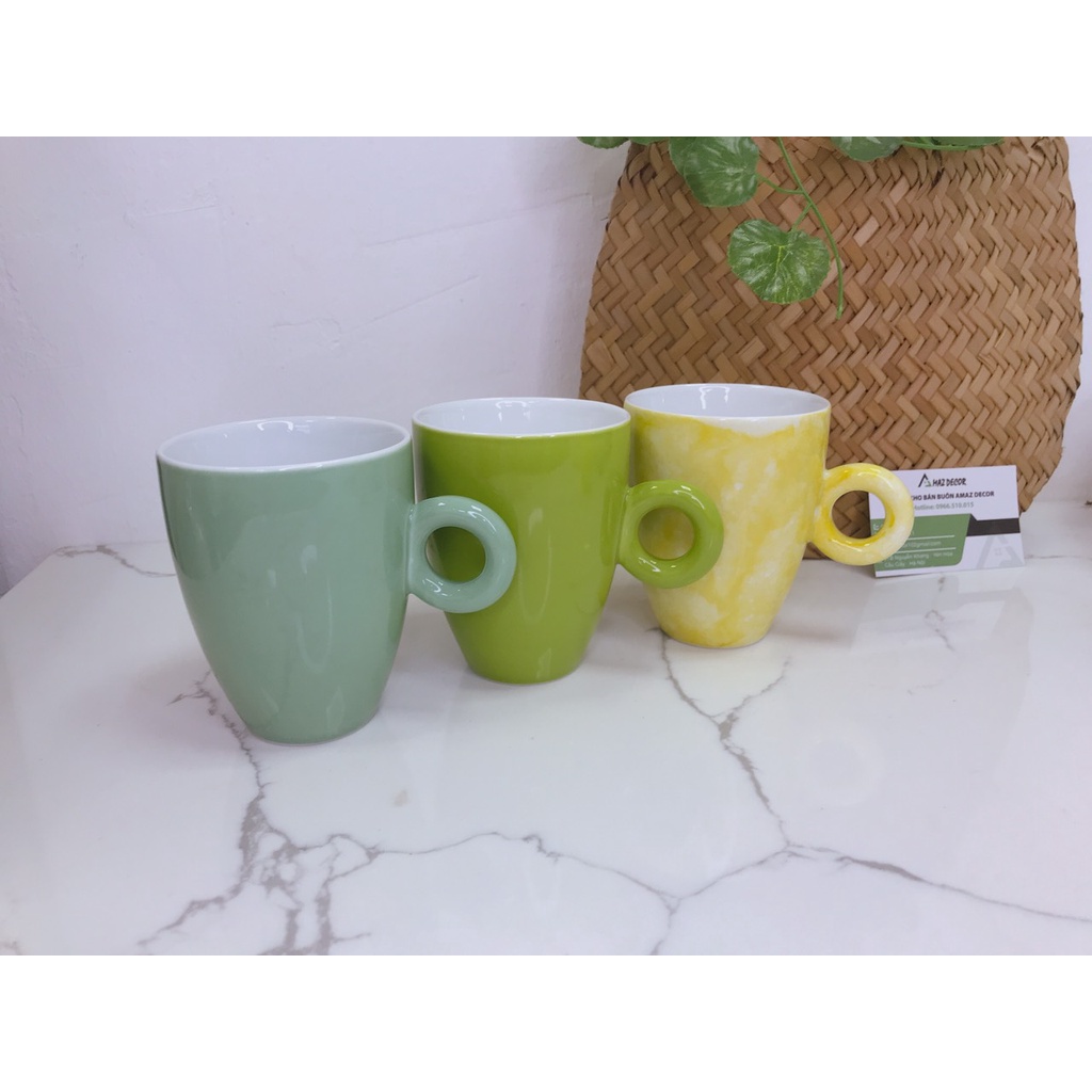 Bộ tách ly cốc sứ uống nước trà latte quai tròn 330ml Bát Tràng các màu  cao cấp kiếu dáng độc lạ