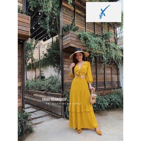 👰🤵 Set áo tay loe cột nơ ngực + chân váy maxi 👰🤵